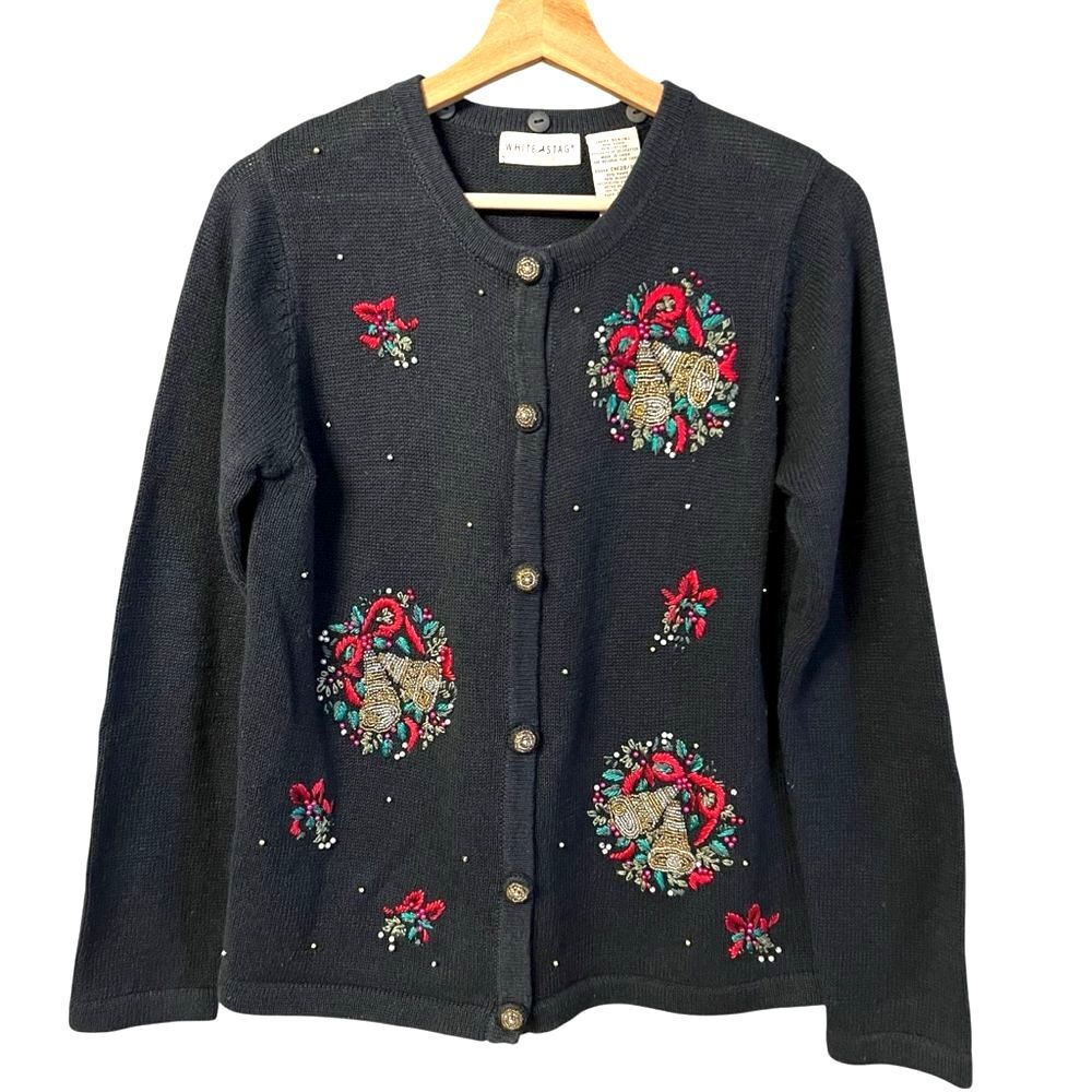 Vintage White Stag Womens Embroidered Christmas Cardigan Sweater Size S Beaded